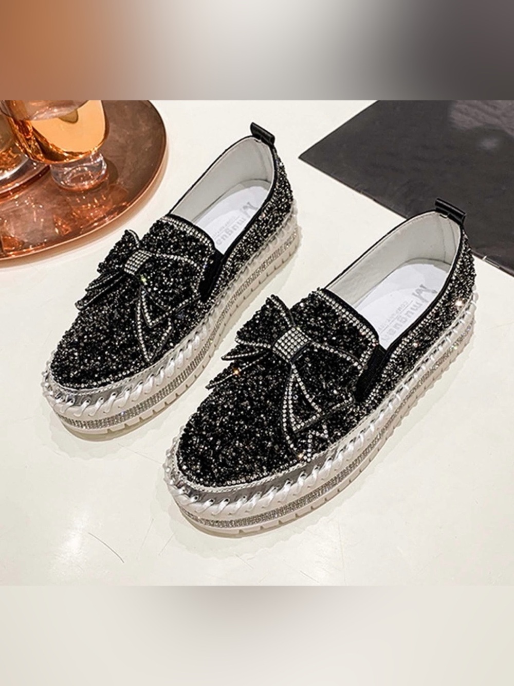 NEW Women’s Black/Silver Crystal Bling Bowknot Slip-On Loafers Size 10 $25